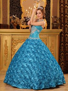 Teal Strapless Ball Gown Floral Embossed Fabric Appliqued Quinceanera Dress