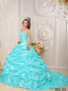 Strapless Brush Train Aqua Blue Quinceanera Dress with Pick-ups and Beading