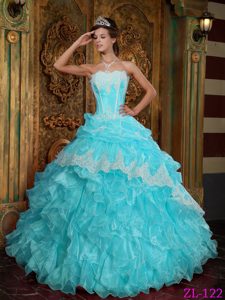 Aqua Blue Strapless Ruffled Quinceanera Dresses with Appliques and Pick-ups