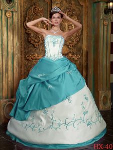 White and Turquoise Strapless Embroidered Quinceanera Dress with Pick-ups