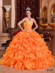 Orange Red Strapless Organza Quinceanera Dresses with Ruffles and Appliques