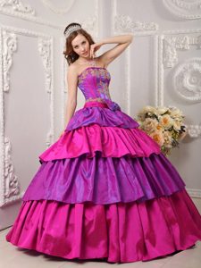 Multi-colored Strapless Appliqued Sweet 15 Dress with Layers and Bow