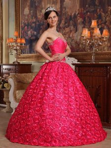 Hot Pink Strapless Ball Gown Appliqued Floral Embossed Fabric Sweet 16 Dress