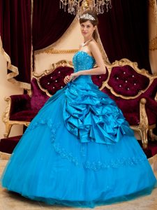 Sky Blue Strapless and Tulle Sweet 16 Dress with Pick-ups and Beading