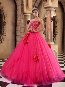 Strapless Ball Gown Hot Pink Tulle Quinceanera Dress with Flowers and Beading