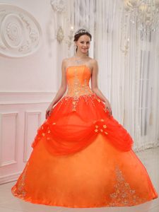 Orange Red Strapless and Tulle Quinceanera Dress with Appliques