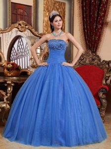 Strapless Tulle Embroidery with Beading 2013 Sweet Sixteen Dresses in Blue