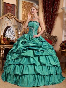 Turquoise Strapless Appliques and Pick-ups Dress for Quinceaneras
