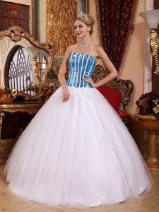 Ball Gown Strapless Tulle and Sequins Quinceanera Dress in White and Blue