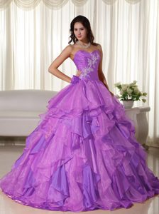 Sweetheart Organza Purple Quinceanera Dress Decorated White Appliques
