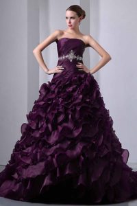 Brush and Organza Beading and Ruche Quince Dress in Dark Purple