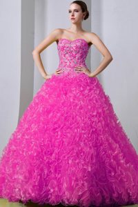 Brush Train for Hot Pink Organza Beading and Ruffles Quinceanea Dresses