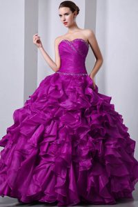 Purple Princess Sweetheart Organza Quince Dress with Beading and Ruffles