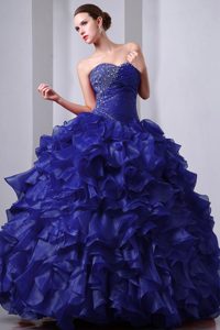 Dark Blue A-line Sweetheart Organza Beading and Ruffles Quince Dresses