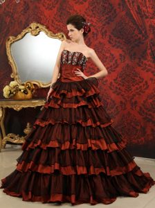 Rust Red and Black A-line Court Train Sweetheart Ruffles Dress for A Quince