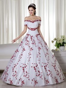 White and Red off Shoulder and Organza Embroidery Quince Dress