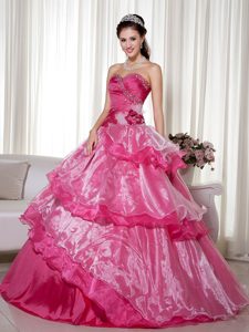 Hot Pink Sweetheart and Organza Beading and Flower Quince Dress