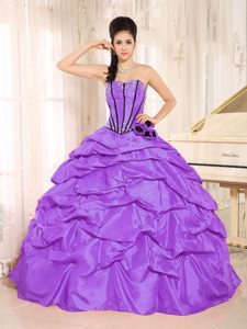 Purple Beaded Flowers Quince Dress with Pick-ups and Black Boning Details
