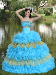 Beaded Decorated Bust Sequins Aqua Blue and Yellow Quinceanera Dresses