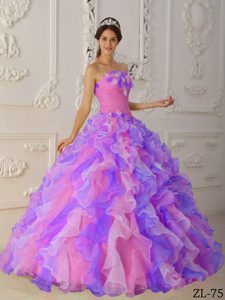 Attractive Multi-color Ruffled Lace-up OrganzaQuinces Dresses with Flowers