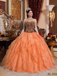 Discount Beaded and Ruffled Orange Dress for Quinceaneras with Embroidery