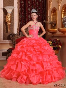 Attractive Beaded and Appliqued Lace-up Quinceanera Dresses in Coral Red