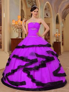 2013 Strapless Lace-up Beaded Long Quinceanera Dress in Fuchsia and Black