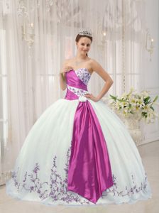Luxurious Sweetheart White and Fuchsia Embroidered Dress for Quinceaneras