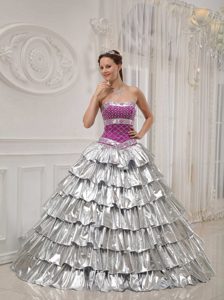 Attractive Princess Lace-up Appliqued Dresses for Quince in Silver and Fuchsia