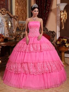 Beautiful Strapless Long Organza and Lace Sweet 15 Dresses in Pink
