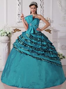 Formal Teal Ball Gown Strapless Beading Quinceanera Gowns in Zebra and