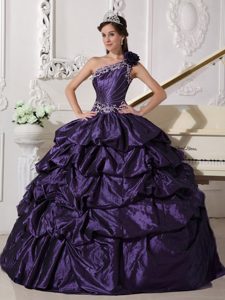 Flirty Dark Purple One Shoulder Quinceanera Dresses with Appliques and Pick-ups