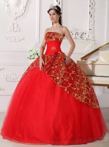 Sexy Red Ball Gown Strapless Tulle Beading Ruching Quinceanera Gowns Dresses