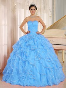 Exquisite Ruffled and Beaded Organza Lace-up Quinceanera Dresses in Aqua Blue