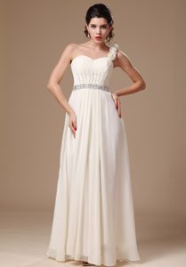 One Shoulder Long White Ruched Beaded Prom Party Dress with Flowers