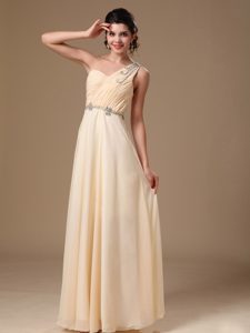 New One Shoulder Long Champagne Ruched Prom Dress with Appliques