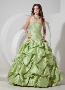 Strapless Long Yellow Green Prom Dress with Appliques and Pick-ups