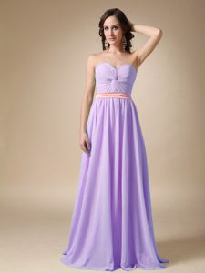 Lavender Sweetheart Long Chiffon Prom Dresses with Ruching and Sash
