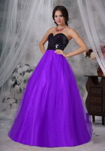 Black Sequin and Purple Tulle Sweetheart Long Prom Dresses for Junior