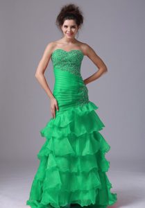 Sweetheart Long Green Ruched Beaded Prom Dress with Layered Ruffles
