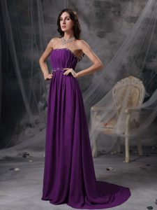 Dark Purple Ruched Strapless Brush Train Beaded Chiffon Prom Holiday Dress