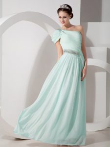 Apple Green One Shoulder Long Ruched Prom Party Dress with Beading