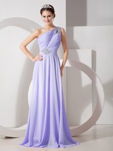 Lilac One Shoulder Brush Train Ruched Beaded Chiffon Prom Dress with Cutout