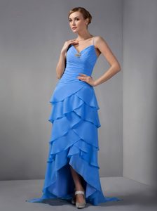 Spaghetti Straps High-low Ruched Blue Chiffon Prom Party Dresses with Layers
