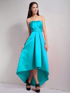 New Strapless High-low Turquoise Ruched Prom Party Dresses with Appliques