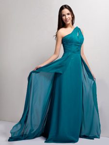 One Shoulder Brush Train Teal Ruched Chiffon Prom Evening Dress with Cutout