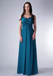Teal Long Spaghetti Straps Flounced Prom Evening Dresses with Ruching