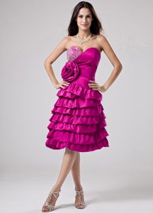 Sweet Sweetheart Fuchsia Prom Gowns with Ruffled Layers and Flowers