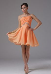 Affordable One Shoulder Orange Prom Dresses with Ruching and Beading