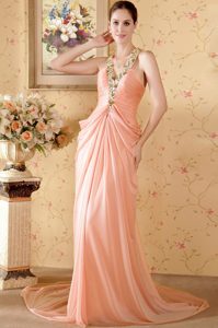 Affordable Peach Pink Halter Chiffon Prom Outfit with Chapel Train
